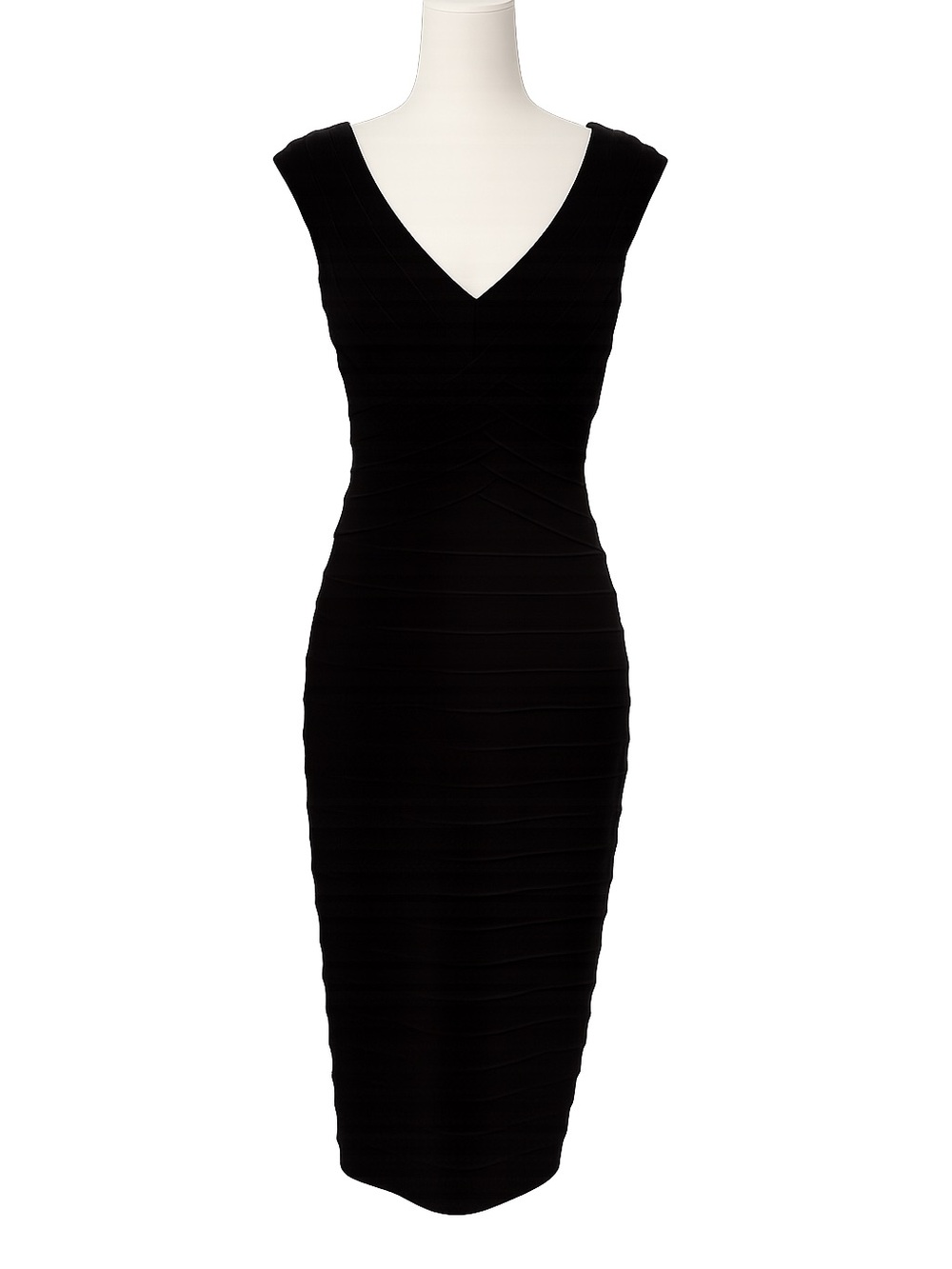 JS Collections Black  Sheath Dress Size 8 V-Neck Sleeveless Stretch Midi